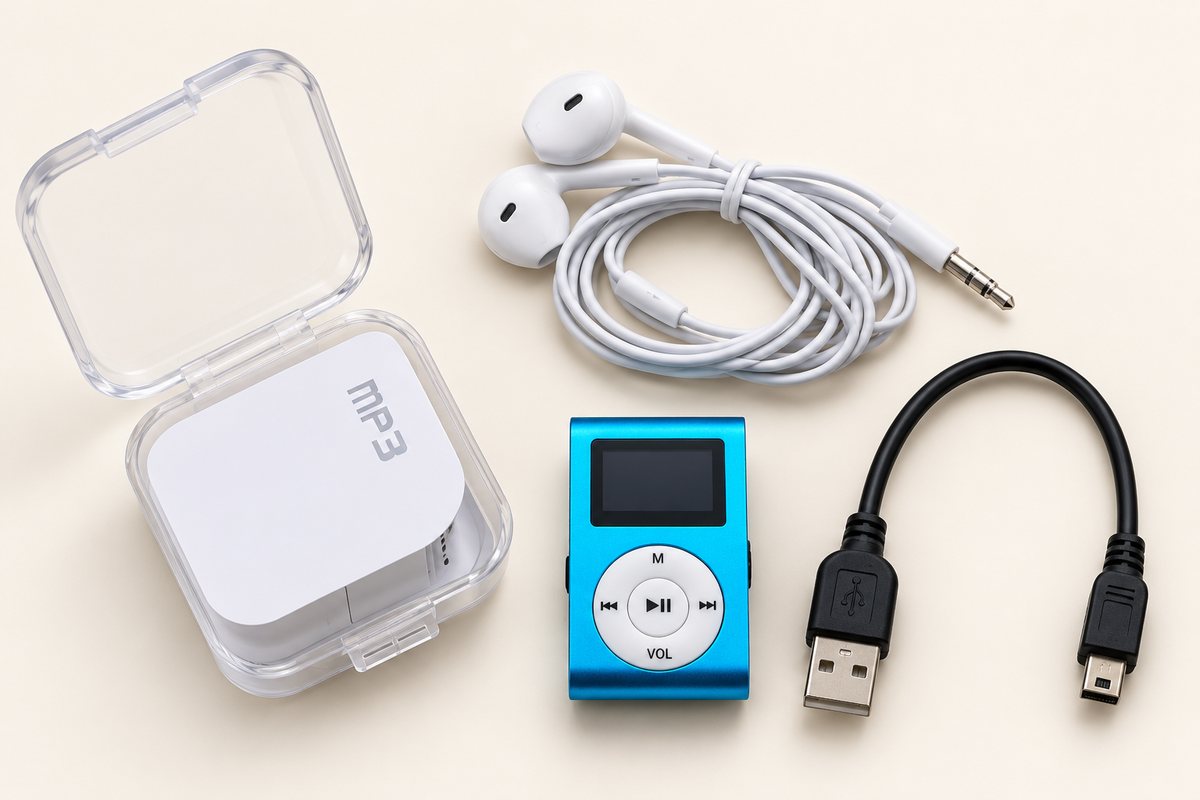 Inhoud van de doos: blauwe Clipsie-speler, oortjes, mini-USB-kabel en doorzichtig bewaardoosje